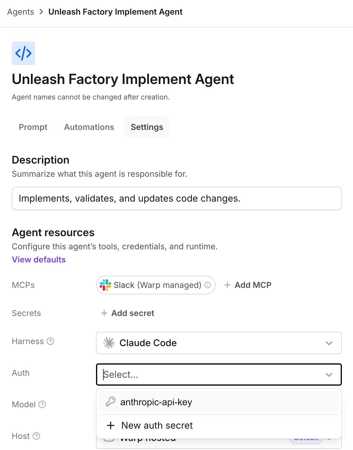 An Implement agent's Settings tab with Claude Code selected in the Harness dropdown and the Auth dropdown open, showing a saved credential and New auth secret.